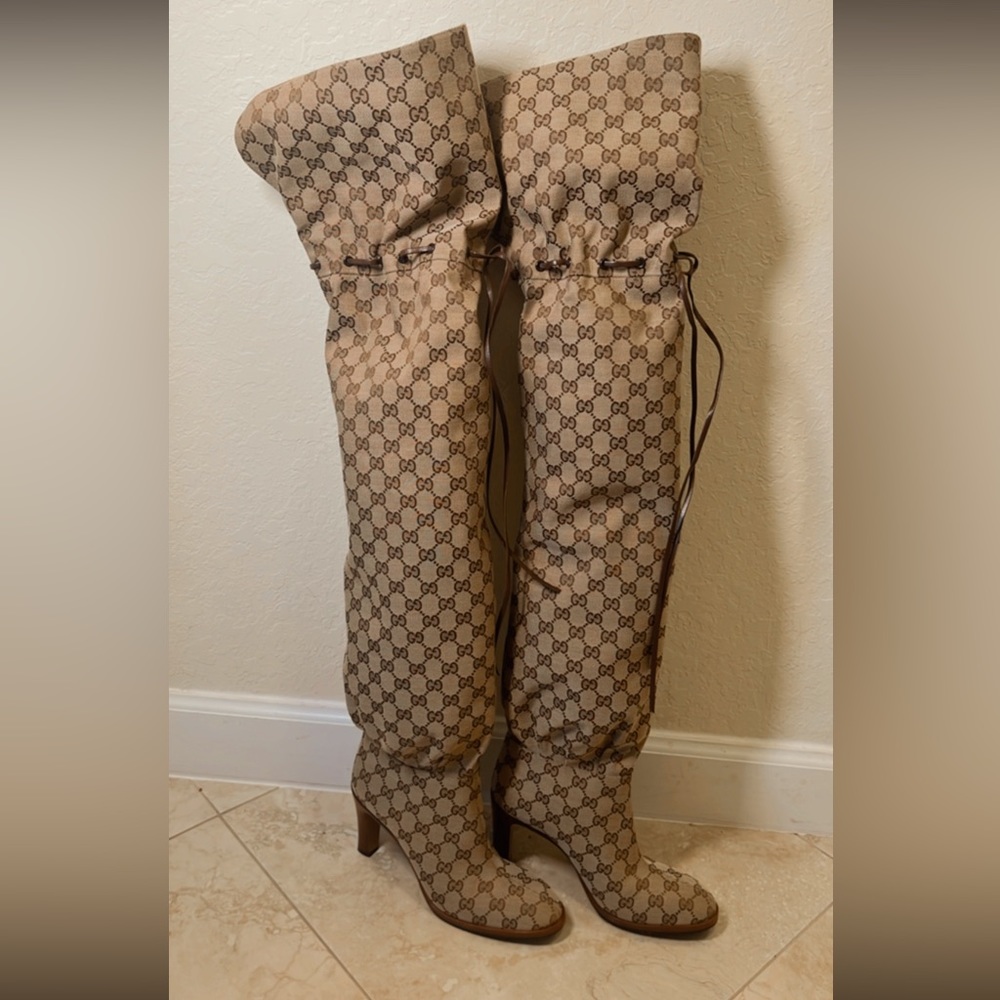 GUCCI Thigh High Boots,Monogram,Leather Tie Size 9.5US worn by Khloe